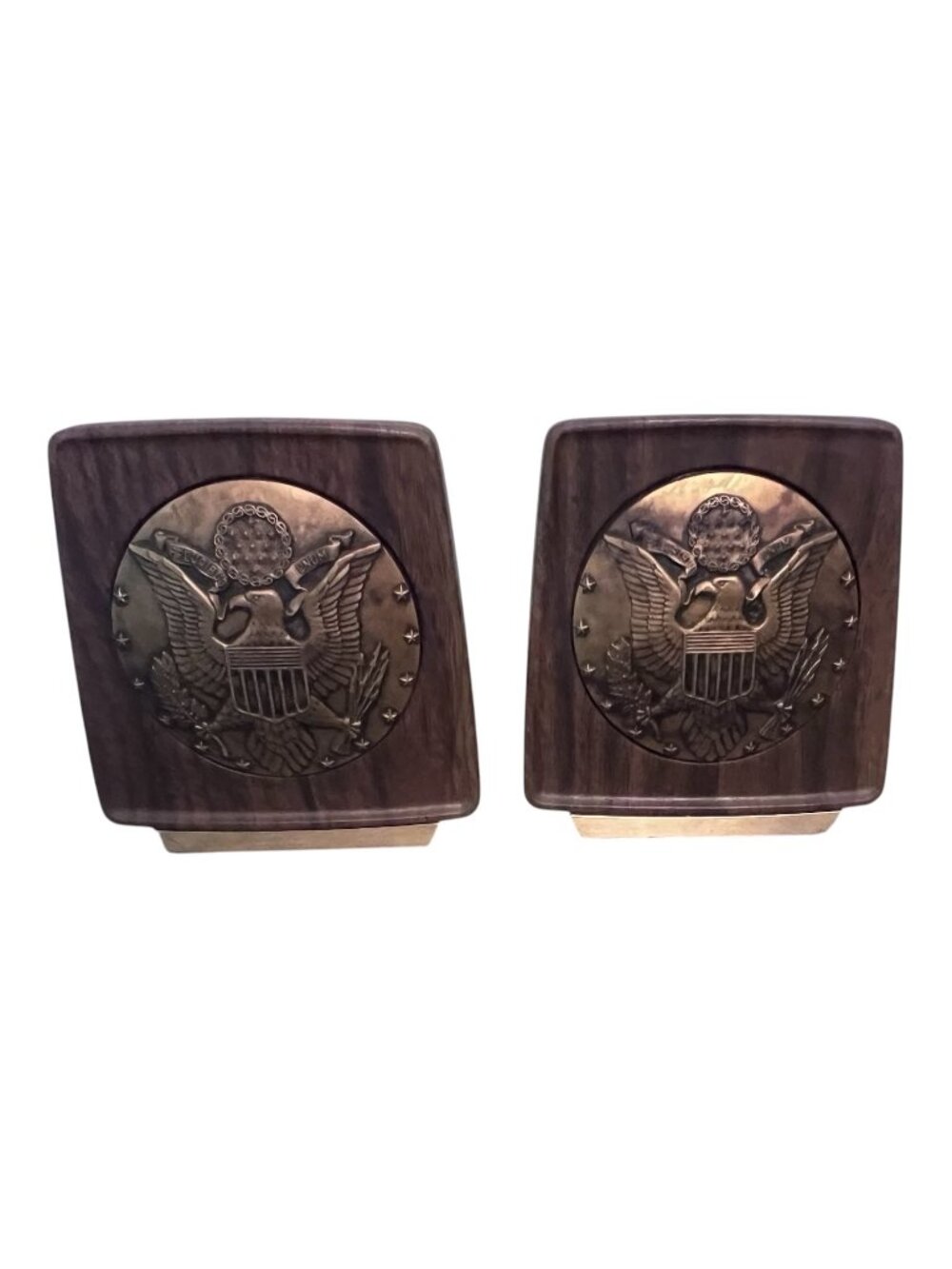 Patriotic Eagle Bookends Wood Look Gold Tone Metal E Pluribus Unum Americana